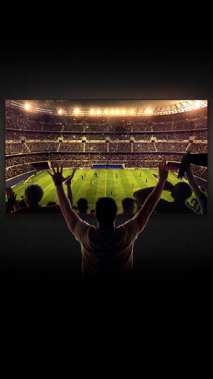 4 people celebrate on a couch as a soccer game plays on the large LG OLED television